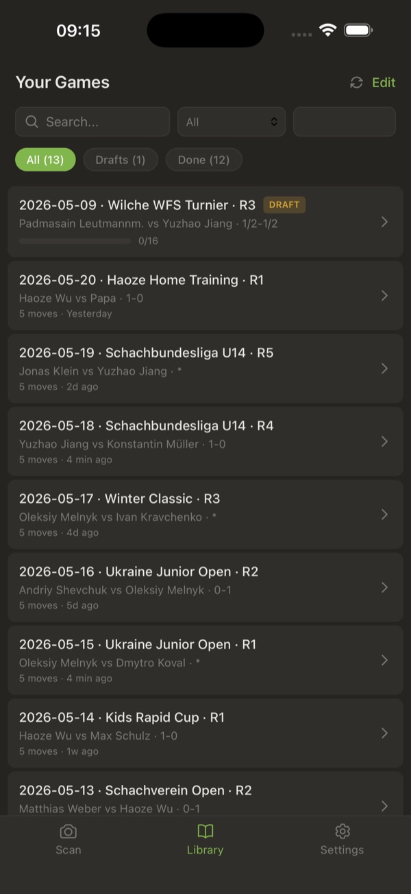 The game library: every scanned tournament game in one searchable list, filtered by player.