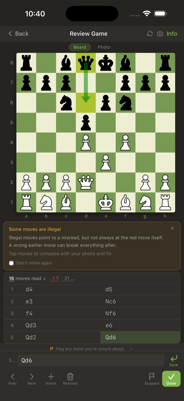 The review screen verifies every move against the rules of chess before you export.