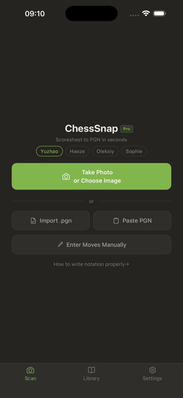 The ChessSnap home screen: one tap to photograph a scoresheet, with a separate profile for each player.